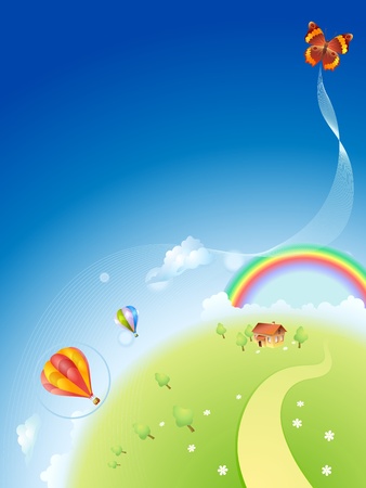 Summer planet with a rainbow and balloonsのイラスト素材