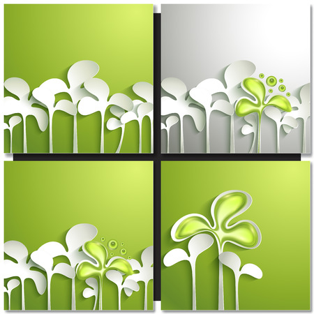 Set of abstract green backgrounds with paper leaves . Eco green concept, spring cardのイラスト素材