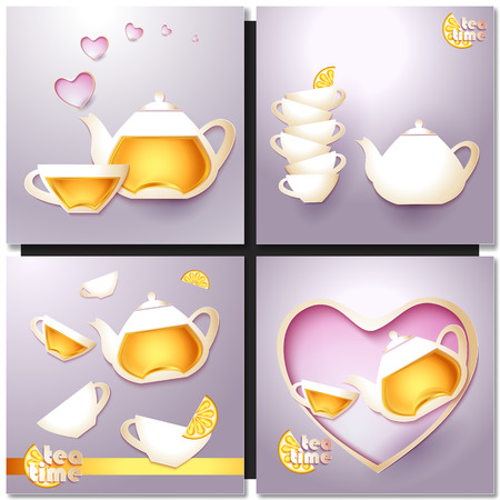 A cup of tea and a pot on vintage style cardのイラスト素材