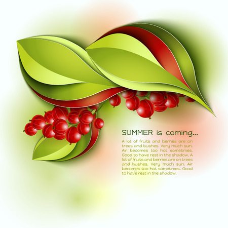 Summer is coming abstract vector background. Red green color leaves and berries. Paper design.のイラスト素材