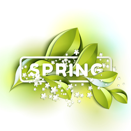 Colorful spring background typographic with leaves and flowersのイラスト素材