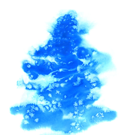 Blue christmas watercolor background with snowflakes, Christmas fir tree. New year and Christmas card template.の写真素材
