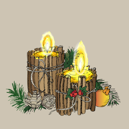 Christmas Candle  in doodle style black on white coloring for creative invitation Card. Vector backgroundのイラスト素材
