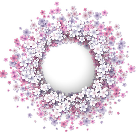 Stylized tender pink flowers round frame. Abstract floral background.のイラスト素材