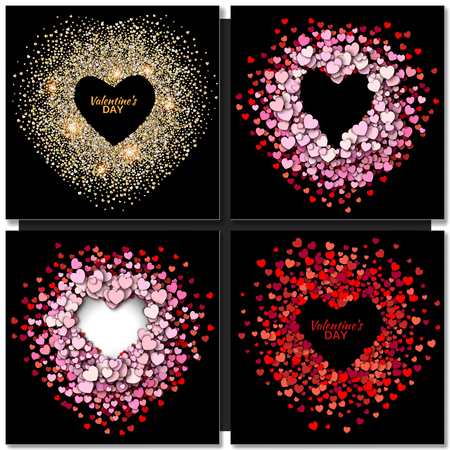 set of Black valentines day background with glowing gold and red heartsのイラスト素材