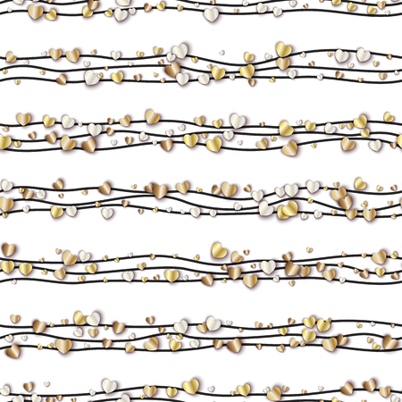 Seamless pattern of random gold hearts  on trendy background of white and black stripes. Elegant pattern for background, textile, paper packaging and other design. Vector illustration.のイラスト素材