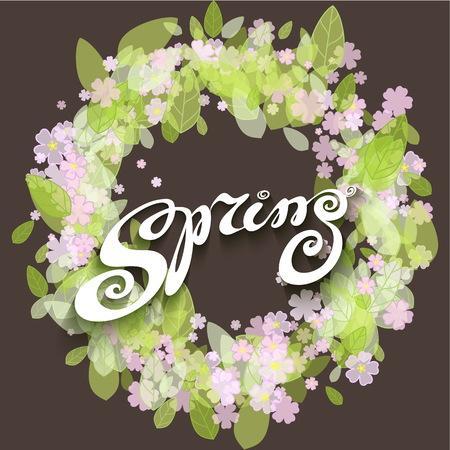 Round background with spring green leavesand pink flowers. Vector illustrationのイラスト素材