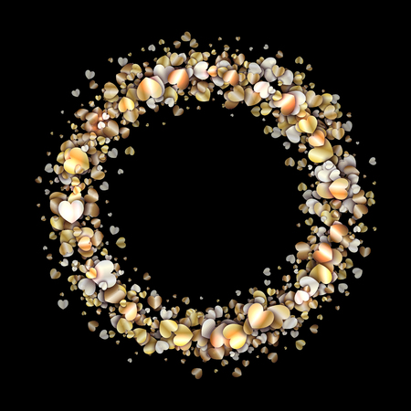 Vintage frame with golden hearts . Golden round decor on black background, vector illustrationのイラスト素材