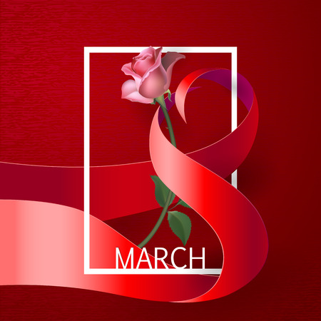 Happy Womens Day Paper Design.  Ribbon March 8 greeting card with red rose and white frame.のイラスト素材