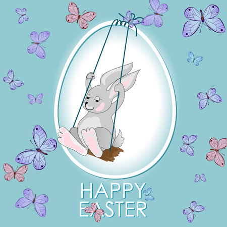 Happy Easter greeting card with rabbit, bunny, egg, butterflyのイラスト素材
