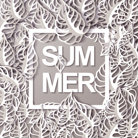 Beautiful summer greeting card with leaves. Vector illustration. Typographic lettering template for your text. Paper cut leaf with shadows.のイラスト素材
