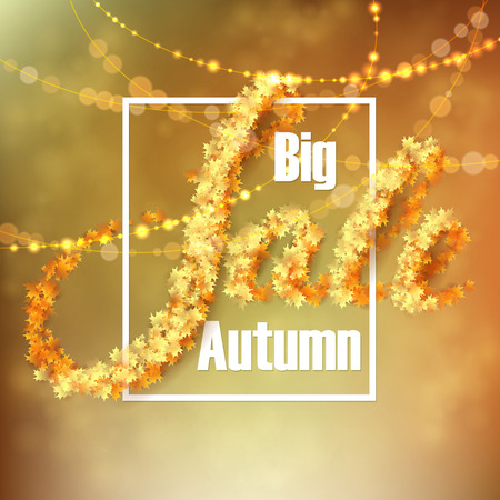 Autumn sale background with yellow maple leaves and light garlands. Vector illustrationのイラスト素材