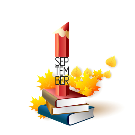 September 1st. Back To School background with pencil, books and leaves. Poster, greeting card or brochure template. Vector illustration.のイラスト素材