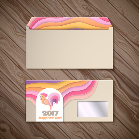 Happy New Year 2017 and christmas template on the wooden background. Year of rooster design for envelope, cover, greeting card.  illustrationのイラスト素材
