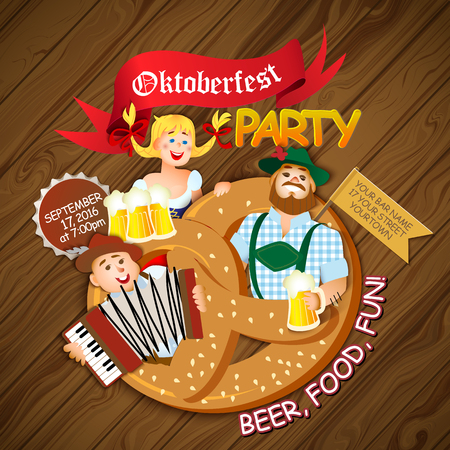 Oktoberfest party . Girl and two men with beer. flat cartoon illustrationのイラスト素材