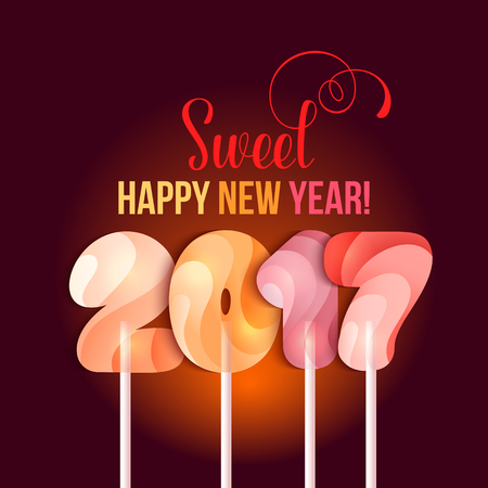 Sign New Year 2017 in shape of candy on stick. Year number striped like holiday candies. design element for christmas, new years day, sweet-stuff, winter holiday, new years eveのイラスト素材