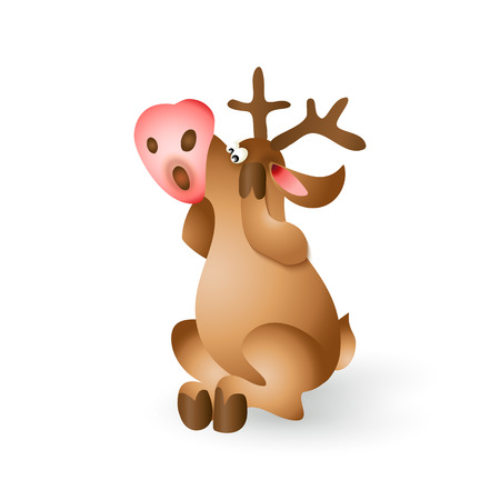 Happy Christmas pop-eyed reindeer sitting on white background. Cartoon illustrationのイラスト素材