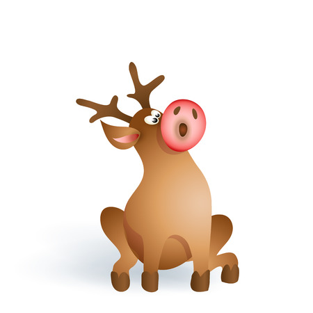 Happy Christmas pop-eyed reindeer sitting on white background. Cartoon illustrationのイラスト素材