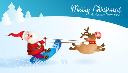 Santa snowboarding with Reindeer. Merry Christmas card with snow landscape.のイラスト素材