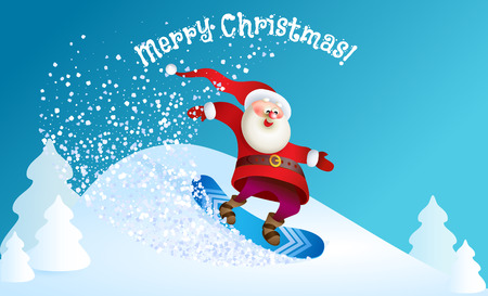 Santa snowboarding. Merry Christmas card with snow landscape.のイラスト素材