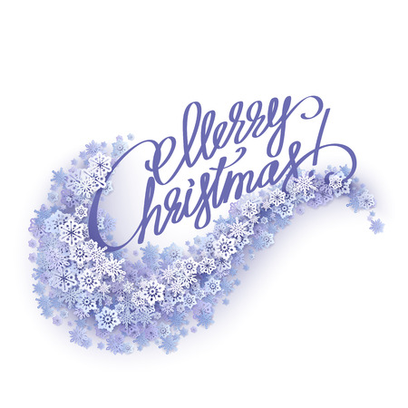 Christmas greeting card with wave from snowflakes and christmas handwritten text. Winter Vector purple backgroundのイラスト素材