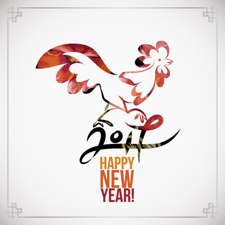 Year 2017 of rooster chinese new year design. Graphic line art sketch of cock with red watercolor fill. Vector illustration of rooster, symbol 2017 Chinese calendar.のイラスト素材