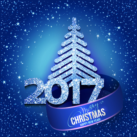 Blue abstract Christmas tree and 2017 New Year text with lights and sparcles. Vector illustrationのイラスト素材