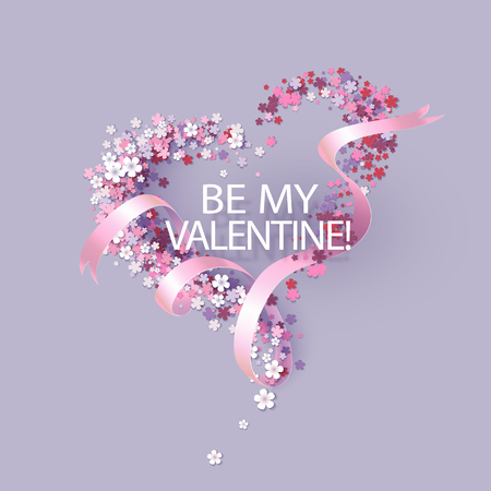 Valentines Day card with pink flowers heart shaped and ribbon with text. Vector illustrationのイラスト素材