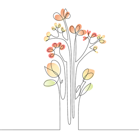 Continuous line drawing of abstract flowers with color spots of flowers. Vector illustration.のイラスト素材