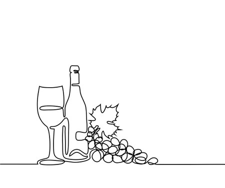 Continuous line drawing. Wine bottle, glass and grape contour. Black outline vector.のイラスト素材