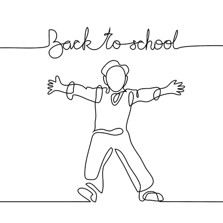 Standing school boy happy with back to school. Continuous line drawing. Vector illustration on white backgroundのイラスト素材