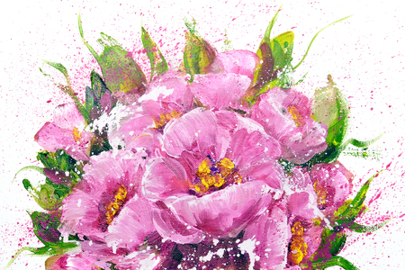 Bouquet of pink flowers. Oil painting on Canvas. Isolated on white backgroundの写真素材