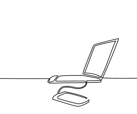 Continuous line drawing. Laptop computer with phone transfer data. Vector illustrationのイラスト素材