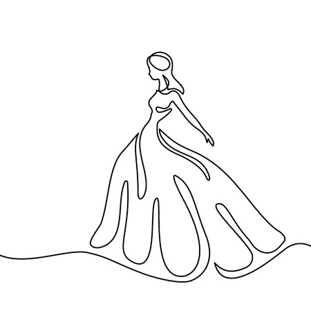 Silhouette of a slender woman bride in a long dress. Continuous line drawing. Vector illustrationのイラスト素材