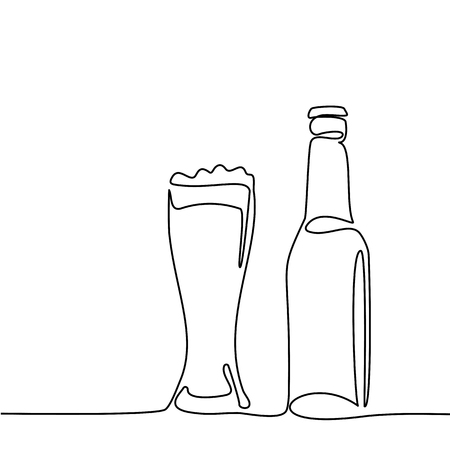 Beer bottle and glass with beer isolated on white background. Continuous line drawing. Vector illustrationのイラスト素材