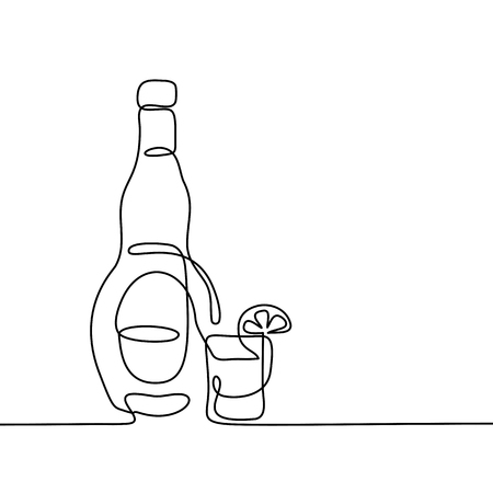 Tekila bottle and glass isolated on white background. Continuous line drawing. Vector illustration.のイラスト素材