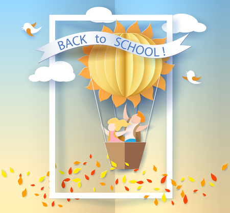 Back to school 1 september card with kids, leaves and sun shaped air balloon on blue sky background. Vector illustration. Paper cut and craft style.のイラスト素材