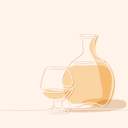 Cognac bottle and glass isolated on white background. Continuous line drawing. Soft color Vector illustrationのイラスト素材