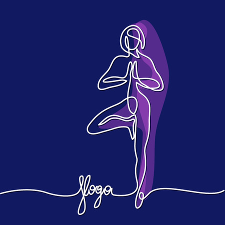 Continuous line drawing. Woman doing exercise in yoga pose. Vector Illustration dark colors.のイラスト素材