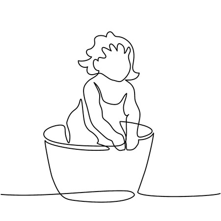Continuous line drawing. Cute baby is bathing in trough. Vector illustration.のイラスト素材