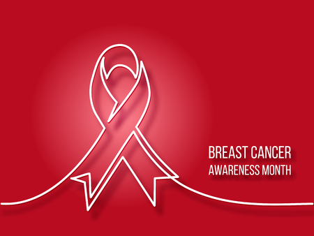 Continuous line drawing. Logo design of breast cancer charity badge ribbon. Vector illustration red backgroundのイラスト素材