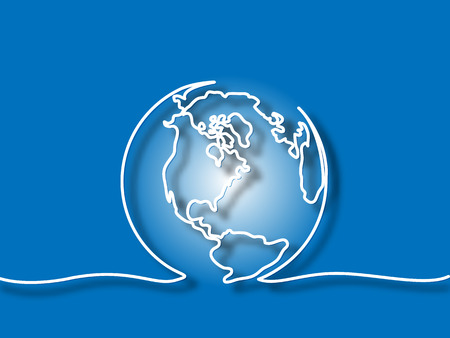 Continuous line drawing. Globe of the Earth. Map side of America. Vector illustration blue backgroundのイラスト素材