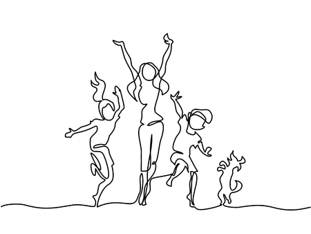 Continuous line drawing. Happy mother dancing with children and dog. Vector illustration. Total editable, choose thickness and place of lineのイラスト素材