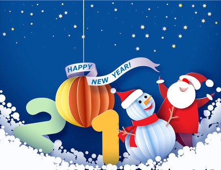Paper cut design and craft winter landscape with snowman, Santa Claus and digit 2018. Holiday New year and Merry Christmas card. Vector illustration.のイラスト素材