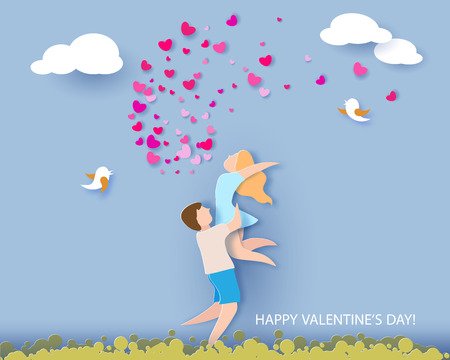 Valentines day card. Abstract background with couple in love, hearts and blue sky. Vector illustration. Paper cut and craft style.のイラスト素材