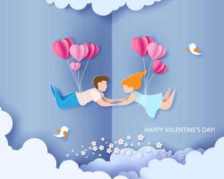 Valentines day card. Abstract background with couple in love flying, hearts balloons and blue sky. Vector illustration. Paper cut and craft style.のイラスト素材