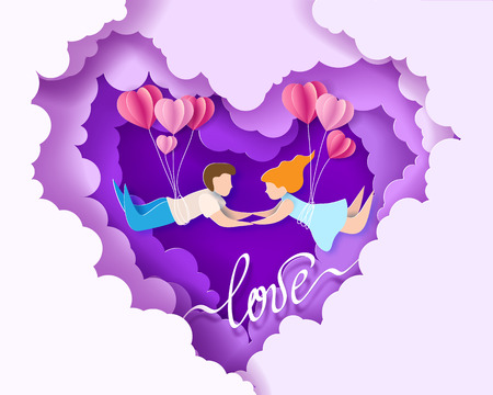 Valentines day card. Abstract background with couple in love flying, hearts balloons and blue sky. Vector illustration.のイラスト素材