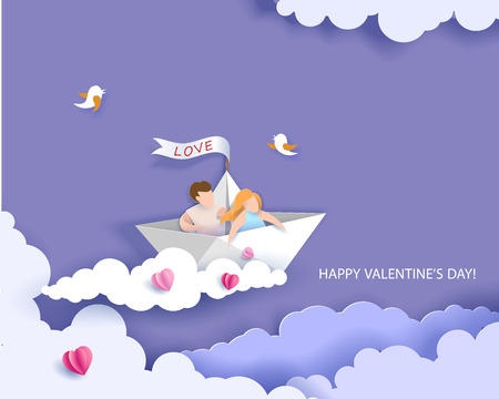 Valentines day card. Abstract background with couple in love in paper boat, heart and blue sky. Vector illustration. Paper cut and craft style.のイラスト素材