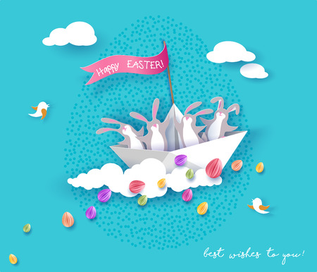 Happy Easter card with bunny flying on paper boat on blue sky background. Vector illustration. Paper cut and craft style.のイラスト素材