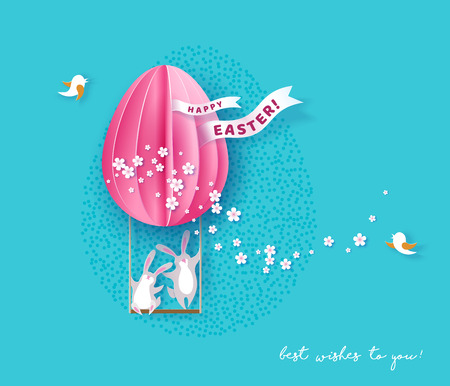 Happy Easter card with bunny, flowers and egg air balloon on blue sky background. Vector illustration. Paper cut and craft style.のイラスト素材